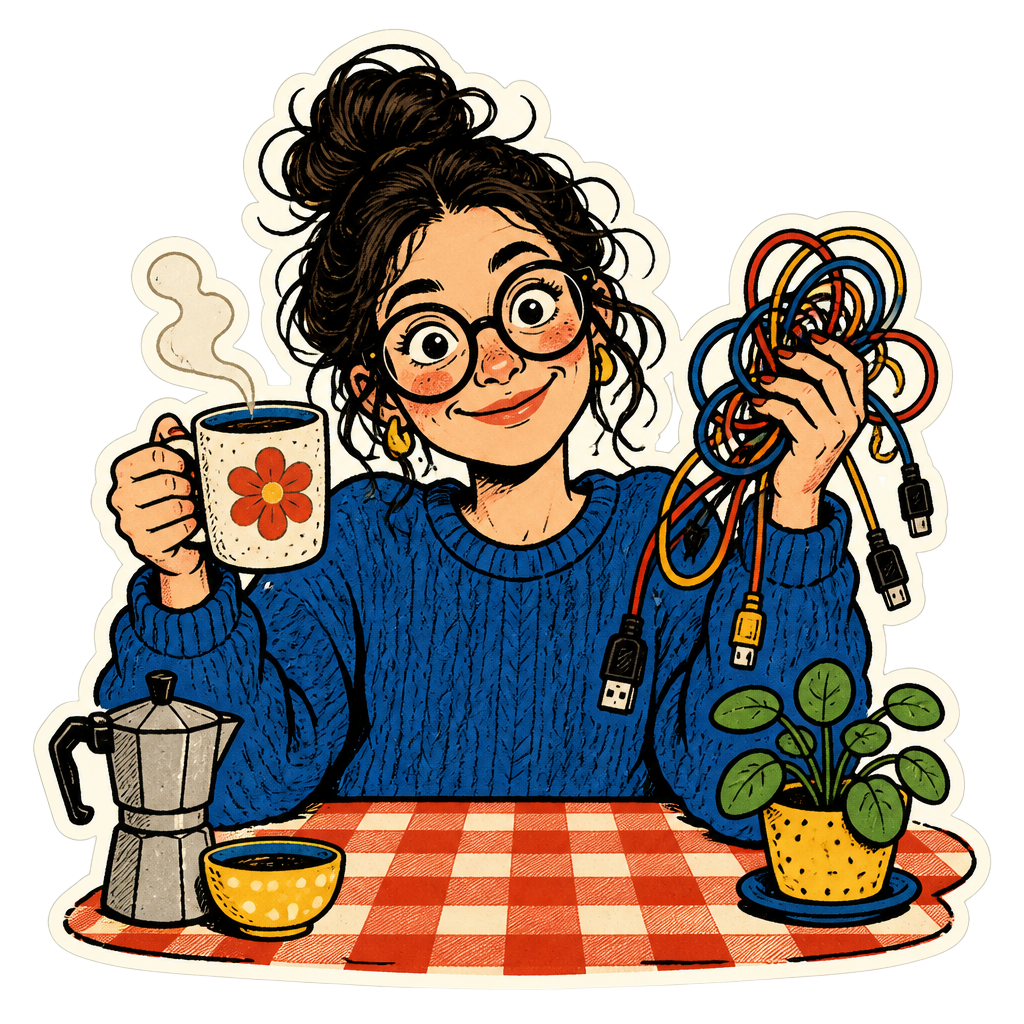 Illustration von Mira: Frau mit Dutt und runder Brille, Kaffeetasse in der einen und Kabelknäuel in der anderen Hand